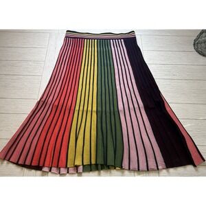 New York & Co 7th Avenue Rainbow Stripe Knit Pleated Maxi Skirt Artsy Boho Sz L